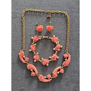 Vintage Faux Coral Set / Necklace / Earrings / Bracelet